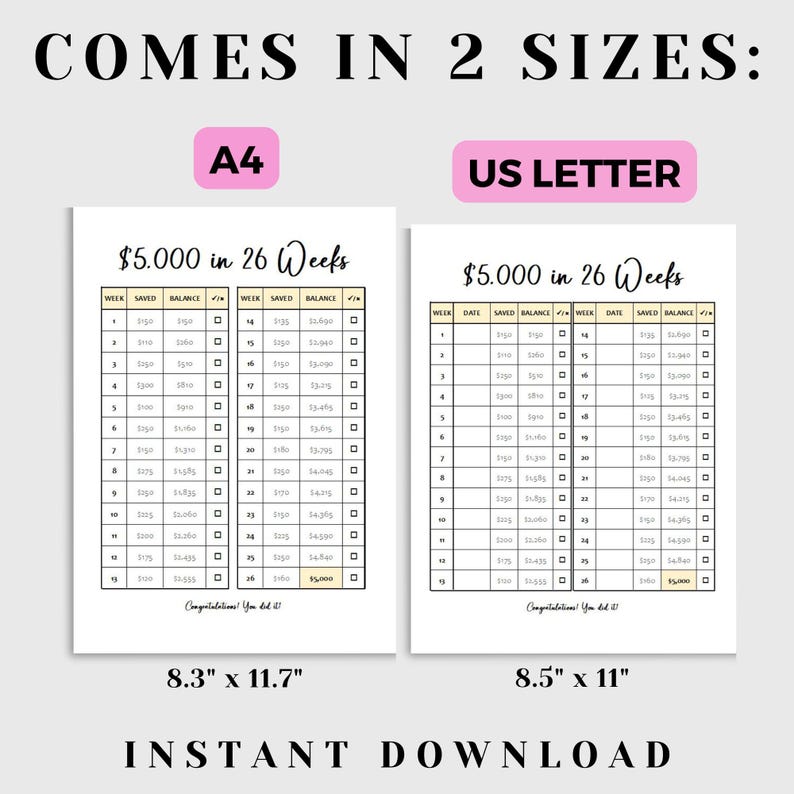 Week Data Tracker 5K Savings Challenge: 26 Week Tracker Printable (A4/US) - Etsy