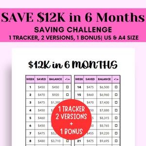 12K Savings Challenge, 6 Months Savings Challenge Printable,  26 Weeks Saving Tracker, 12K Savings Tracker, Save 12000 in 6 Months, PDF