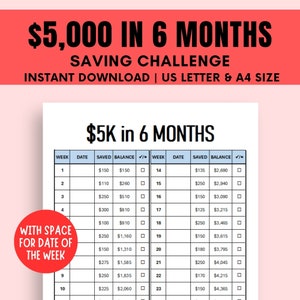 6 Months Savings Challenge, 5K Savings Challenge, 26 Weeks Saving Tracker Printable, 5K Savings Tracker, Save 5000 in 6 Months, Savings Goal