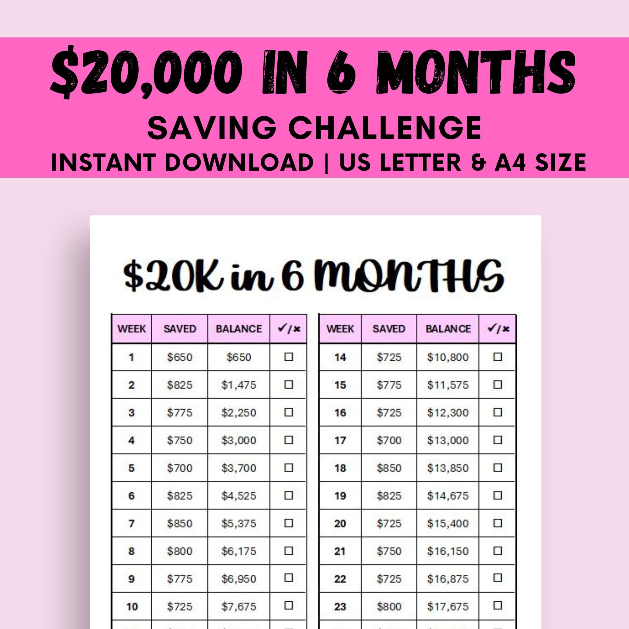 20K Savings Challenge, 26 Weeks Saving Tracker Printable, 6 Months - How To Make A Month Go By Fast