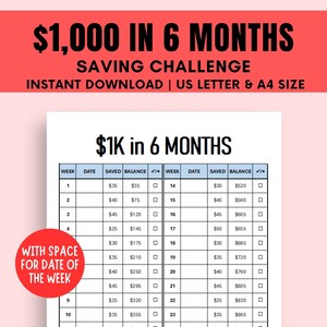 May include: A printable savings tracker chart to help you save $1,000 in 6 months. The chart is divided into weeks and includes columns for the date, amount saved, balance, and a check box to mark off each week. The chart is titled "$1K in 6 Months".