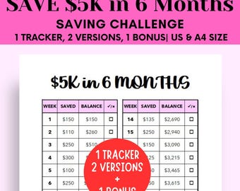 5K Savings Challenge, 6 Months Savings Challenge, 26 Weeks Saving Tracker Printable, 5K Savings Tracker, Save 5000 in 6 Months, Savings Goal