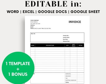 Editable Invoice Template: Minimalist Design for Small Business (Word, Excel, Google Docs, Google Sheets)