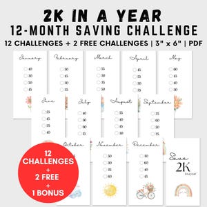 Peut inclure: Un défi d'épargne imprimable de 12 mois avec un objectif d'épargner 2 000 € en un an. Chaque mois a un objectif d'épargne différent, allant de 25 € à 60 €. L'imprimable comprend 12 défis, 2 défis gratuits et 1 défi bonus. L'imprimable mesure 3 pouces sur 6 pouces et est au format PDF.