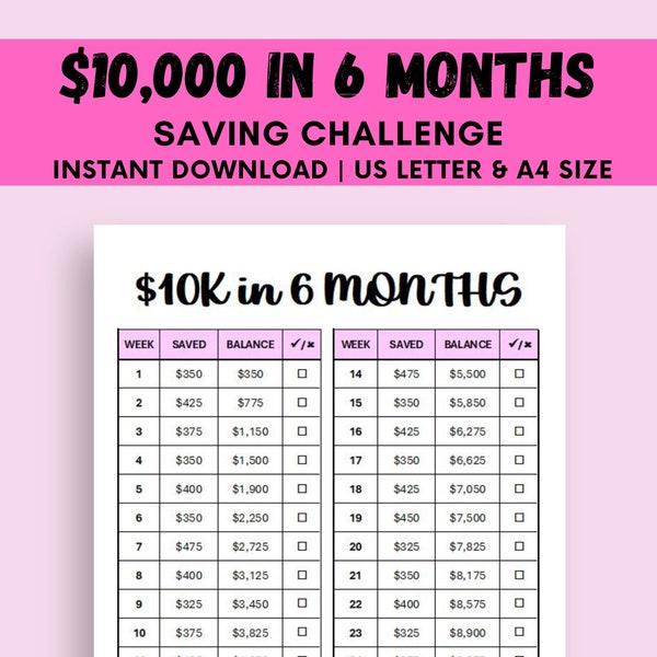 10K Savings Challenge, 26 Weeks Saving Tracker Printable, 6 Months Savings Challenge, 10K Savings Tracker, Save 10000 in 6 Months, PDF
