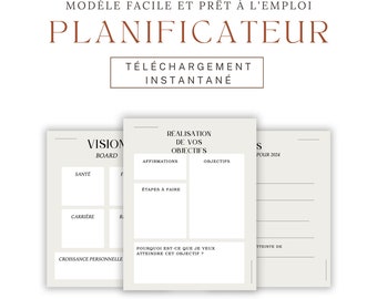 Puede incluir: Una plantilla de planificador imprimible con tres secciones: Vision Board, Realización de tus objetivos y Metas para 2024. La plantilla incluye secciones para la salud, la carrera, el crecimiento personal, las afirmaciones, los pasos a seguir y las razones para alcanzar tus objetivos.