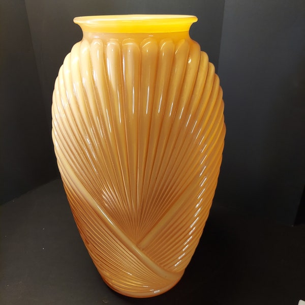 Vintage Glass Ribbed Draped Vase 12 inch Art Deco 1980's Neutral Beige Cream Colors