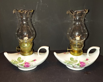 Mini lampe à huile vintage en porcelaine Rose Aladdin Genie Style, lot de 2 dans sa boîte d'origine