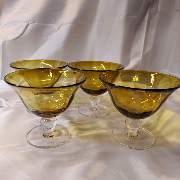 Set Of 4 Vintage Hand-Blown Amber Pedestal Dessert Goblets w-Clear Ball Base