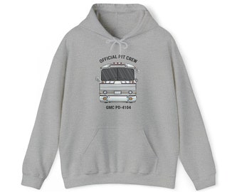 May include: A gray hooded sweatshirt with a white bus illustration and the text "OFFICIAL PIT CREW" and "GMC PD-4104".