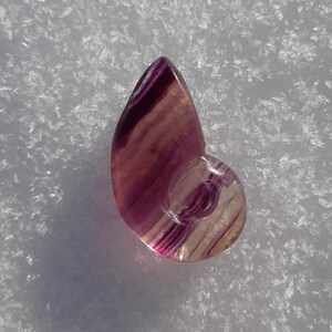 Può includere: Un cristallo di fluorite viola e bianco intagliato a forma di conchiglia. Il cristallo è traslucido e ha una superficie liscia e lucida.