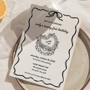 May include: A black and white invitation card with a hand-drawn illustration of a cake with the words "twenty one" on it. The invitation is for Carly's twenty-first birthday party, which will be held on Saturday, October 15, 2024 at 10 p.m. at Outer Heaven Bar, 191 Chrystie Street, New York, New York. The phone number (566) 123-4567 is included for RSVP.