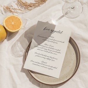 W08 - Modelo de menu de casamento moderno - Minimalista francês inspirado no vintage, estética divertida e caprichosa - download digital - papel de carta para impressão