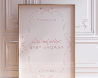 BBY01 (PINK) - Modern Baby Shower Welcome Sign Template - Vintage Inspired Colorful Fun French Whimsical Minimalist Aesthetic Digital
