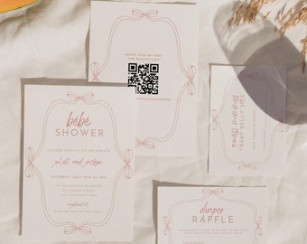 BBY01 (PINK) - Modern Baby Shower Invitation Template - Vintage Inspired Colorful Fun French Whimsical Minimalist Aesthetic Digital Download