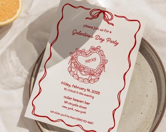 PTY01 - Galentine's Day Dinner Party Invitation Template - Hand Drawn Valentines Heart Girly Fun Cute Bows and Ribbons Classy Colorful Retro