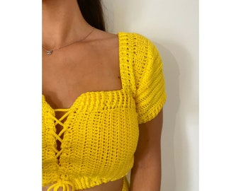 Bright Yellow Crochet Crop Top and Skirt Set - Handmade - Coord