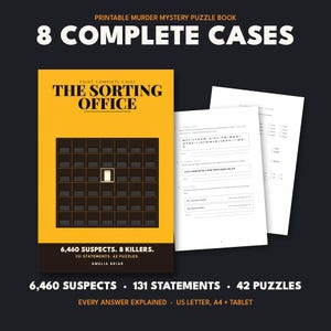 Puede incluir: Un libro de acertijos de misterio y asesinato imprimible titulado The Sorting Office con una portada amarilla que muestra una cuadrícula de casilleros. El libro incluye 8 casos completos, 6460 sospechosos, 131 declaraciones y 42 acertijos. Dos páginas interiores blancas muestran cuadrículas lógicas.