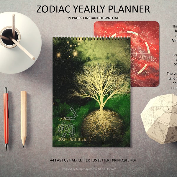 Virgo Zodiac Sign 2024 Yearly Planner, Virgo Season Original Design Downloadable Organizer, Fantastic Galaxy-Themed Digital Printable Annual