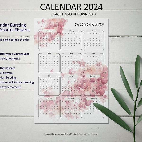 Botanical Elegance Calendar, Rustic Botanical Calendar, Vintage Floral Wall Art, Elegant Floral Design Wall Decor, Red Floral Almanac