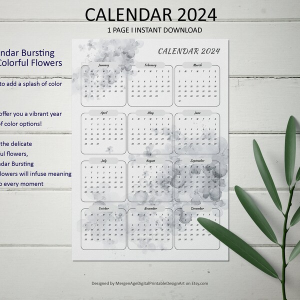 Minimalist Natural Monochrome Floral Yearly Digital Printable Design Calendar, Winter Gray Blossom Annual Almanac, Wall Paper, Desk Schedule