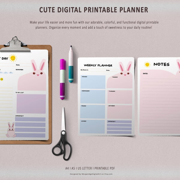 Cute Bunny Digital Printable Planner , Rabbit Themed Downloadable Weekly & Daily Organizer , Adorable Animals Study Tools for Kids, Adults