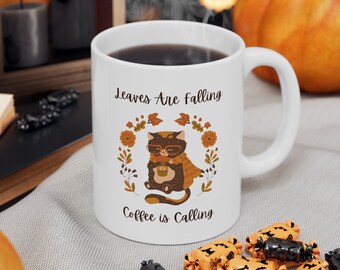 Leaves Are Falling Coffee is Calling Ceramic Mug 11oz, coffee lovers, espresso, animal lover, fall mug