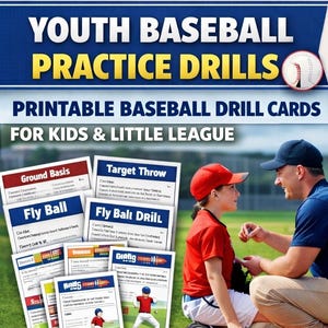 Könnte beinhalten: Bild von Baseball-Übungskarten für Jugend-Baseball. Die Karten sind mit Übungen wie "Ground Basis" und "Fly Ball Drill" beschriftet. Ein Trainer und ein junger Spieler sind zu sehen, mit dem Text "Coach, Train, Practice" unten.