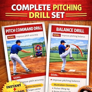 May include: A baseball coaching guide titled "COMPLETE PITCHING DRILL SET." It displays illustrations of pitching techniques, such as "PITCH COMMAND DRILL" and "BALANCE DRILL." The guide promises to improve pitching skills with an instant download.