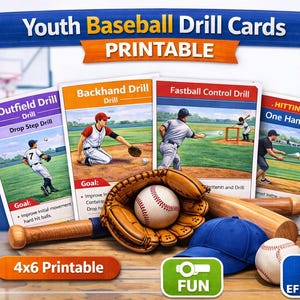 May include: Youth Baseball Drill Cards printable. Cards feature baseball drills, including Outfield, Backhand, Fastball Control, and Hitting Drills. Includes a baseball, glove, bat, and a basketball. The cards are 4x6 inches.