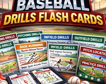 Baseball-Übungskarten - 30+ druckbare Jugend-Baseball-Übungsübungen für Trainer, Little League Trainingskarten, Sofort-Download PDF