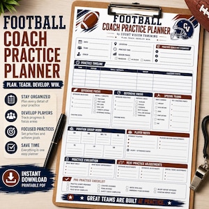 May include: A football coach practice planner on a clipboard with sections for practice goals, timeline, offensive and defensive focus, special teams, position group work, player notes, practice evaluation, and a pre-practice checklist.