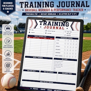 Op de afbeelding: Een honkbaltrainingsjournaal als printbare PDF op een klembord, met secties voor dagelijkse plannen, prestatie-tracking en belangrijke statistieken. Het document bevat velden voor datum, atleet, locatie en duur, evenals ruimte voor notities en doelen.
