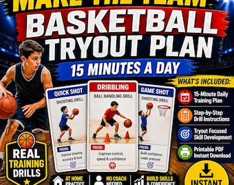 Basketball Tryout Trainingsplan für Kinder - Tägliches 15-Minuten-Training - Machen Sie die Teampraxis zur Routine - Jugend-Basketball-Übungen zum Ausdrucken im Alter von 6 bis 14 Jahren