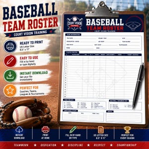Peut inclure: Un modèle de liste d'équipe de baseball sur un presse-papier avec un stylo noir. Le document comprend des sections pour les informations d'équipe, une liste de joueurs avec un graphique de terrain de baseball, une clé de position et des notes.