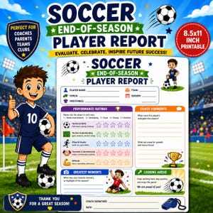 Puede incluir: Una plantilla imprimible de informe de fin de temporada de fútbol que mide 21,6x27,9 cm. El documento incluye secciones para el nombre del jugador, equipo, entrenador, temporada y posición, junto con valoraciones, comentarios y momentos destacados.