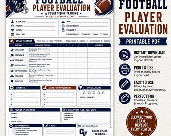 Football Player Evaluation Form | Coach Assessment Sheet | Youth Football Tryout Evaluation | Printable Coaching PDF