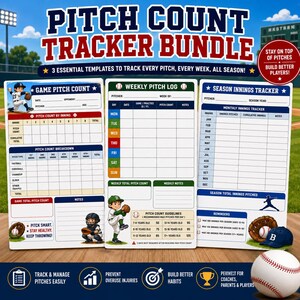 May include: A Pitch Count Tracker Bundle featuring three white templates with blue and red text. The sheets include a Game Pitch Count, Weekly Pitch Log, and Season Innings Tracker with baseball illustrations, charts, and pitch count guidelines.