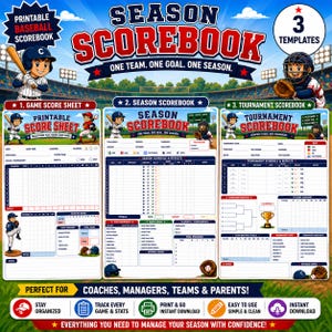 Puede incluir: Un conjunto de libros de puntuación de béisbol imprimibles con tres plantillas: hoja de puntuación de juego, libro de temporada y libro de torneo. El diseño incluye jugadores de béisbol de dibujos animados y gráficos de estadios.