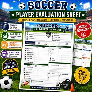 Könnte beinhalten: Ein Fußball-Spielerbewertungsbogen mit Abschnitten für Spielerdetails, technische Fähigkeiten, körperliche Attribute sowie taktische und mentale Beurteilung. Das Dokument enthält eine Bewertungsskala von 1 bis 10 und Platz für Kommentare und Entwicklungsziele.