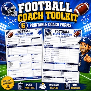 May include: A digital football coach toolkit featuring six printable forms, including a practice planner and player evaluation sheet. The design includes blue and yellow text, football graphics, and a cartoon coach illustration on a field.