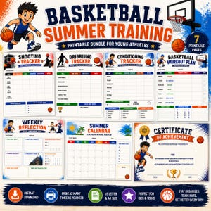 May include: A basketball summer training printable bundle for young athletes featuring seven pages including a shooting tracker, dribbling tracker, conditioning tracker, workout plan, weekly reflection, summer calendar, and a certificate of achievement.