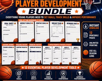 Basketball Player Development Bundle | Goal Setting Workbook, Training Journal, Shooting & Dribbling Tracker | Youth Basketball Printable