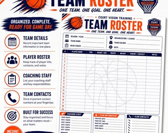Basketball Team Roster Template | Coach Team Management Sheet | Printable Team Roster PDF | Player Contact List | Basketball Coach Planner |