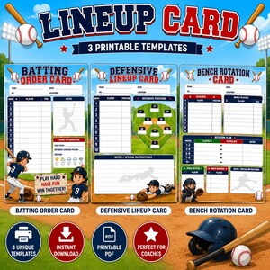Könnte beinhalten: Ein Set aus drei druckbaren Baseball-Aufstellungskarten, bestehend aus einer Schlagreihenfolge-Karte, einer Defensiv-Aufstellungskarte und einer Bankrotationskarte, mit blauem und rotem Text sowie Baseball-Grafiken und Spielern.