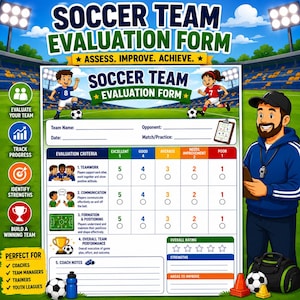 Könnte beinhalten: Ein Fußball-Teambewertungsformular mit einem Raster zur Bewertung von Teamarbeit, Kommunikation, Formation und Leistung. Das Dokument enthält Felder für Teamname, Gegner, Datum und Trainer-Notizen, illustriert mit Cartoon-Fußballspielern und einem Trainer.