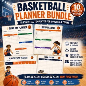 May include: A basketball planner bundle featuring 10 templates for coaches and teams. The set includes a game day planner, lineup planner, player stats tracker, and team roster. Each sheet contains organised sections for tracking game data.
