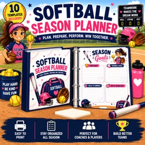 May include: A softball season planner binder featuring a blue cover with a softball bat, helmet, and gear bag illustration. The open interior displays pages for season goals, team goals, and skills to improve, decorated with softball graphics.
