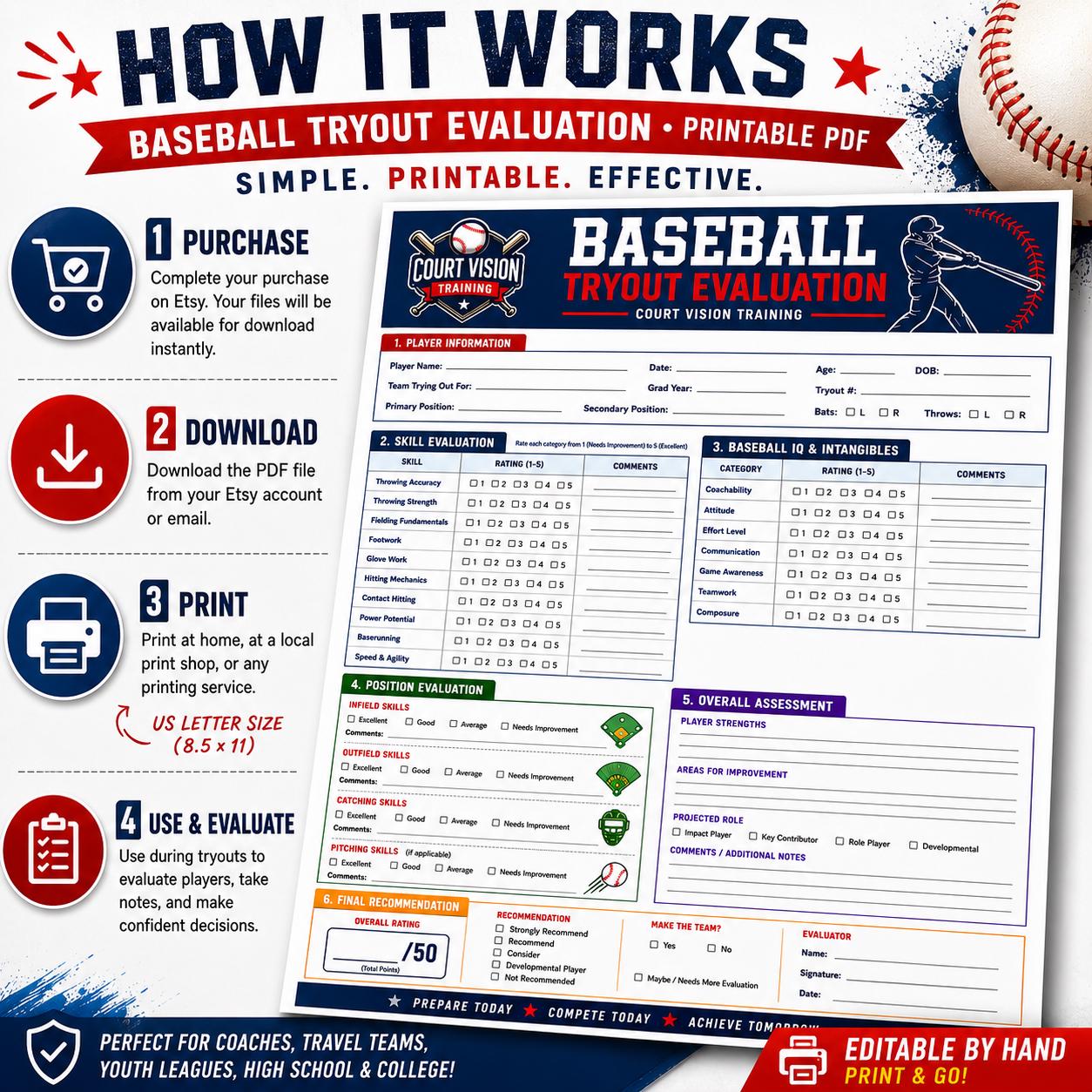 Baseball Tryout Evaluation Form Printable PDF | Coach Player Assessment ...