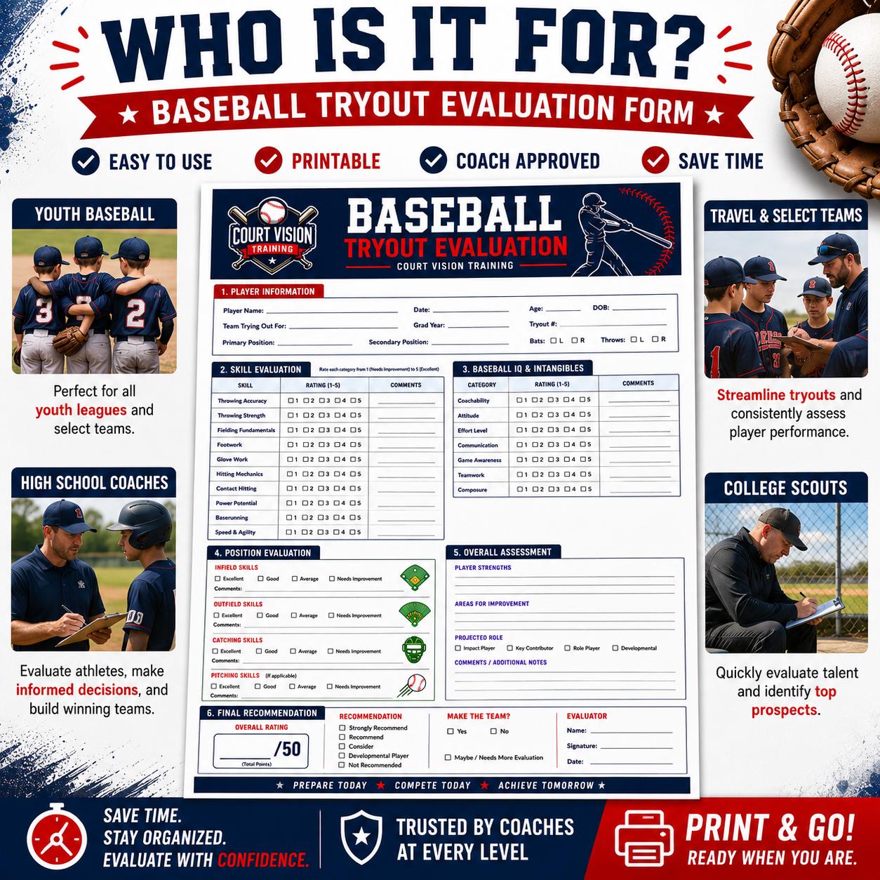 Baseball Tryout Evaluation Form Printable PDF | Coach Player Assessment ...